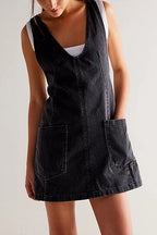 Deep V-Neck Patch Pocket Denim Pinafore Shift Mini Dress