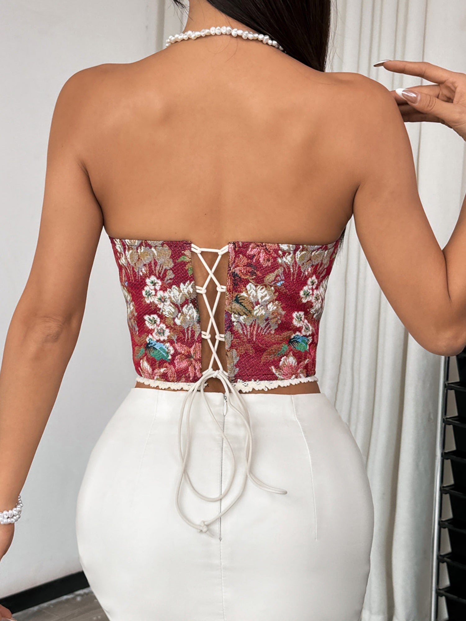 Floral Print Strapless Lace Tethered Fish Bones Strapless Bra