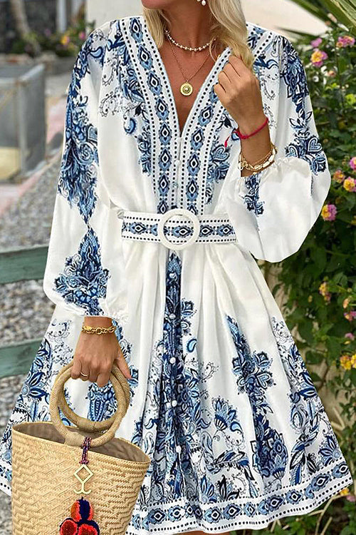 Tropical Botanical Print Puff Sleeve Belted Scalloped Hem Mini Dress