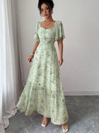 Floral Lotus Leaf Sleeves Sweetheart Collar Vacation And Leisure Maxi Dresses