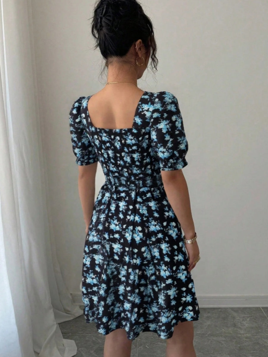 Floral Print Puff Sleeve Bow Tie Short Dress