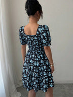 Floral Print Puff Sleeve Bow Tie Short Dress