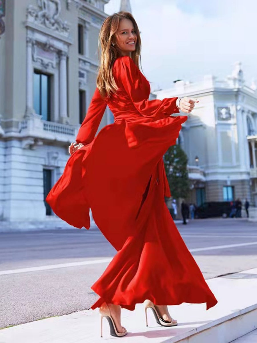Bohemian Deep V Long Sleeve Slit Maxi Dress