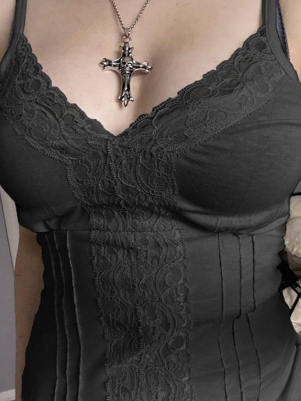Deep V-neck Solid Color Lace Trim Split Camisole
