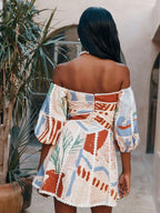 Geometric Pattern Printing Off Shoulder Short Sleeve Vacation Mini&Short Dresses