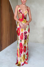 V Neck Cut Out Floral Print Maxi Cami Dress