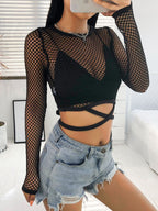 Black Round Neck Tie-up Cropped Mesh See-through Top