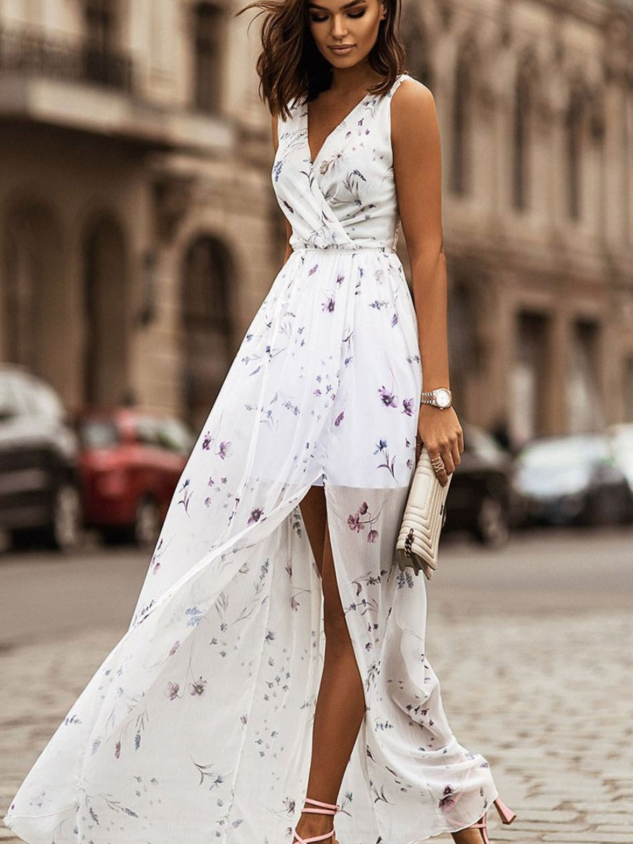 Wrap-up V-neck Bandage Slit Vacation And Leisure Maxi Dresses