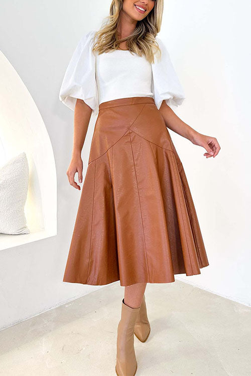 High Waist Faux Leather A-line Flare Midi Skirt