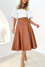 High Waist Faux Leather A-line Flare Midi Skirt