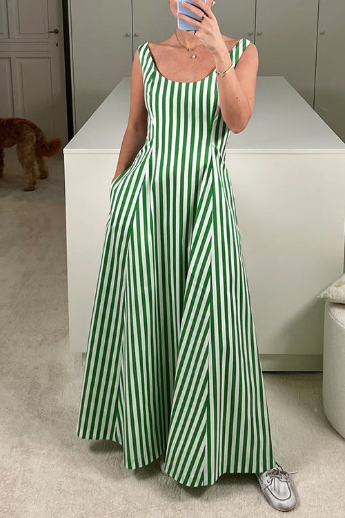Scoop Neck Sleeveless Pocketed Striped Maxi Swing Dress