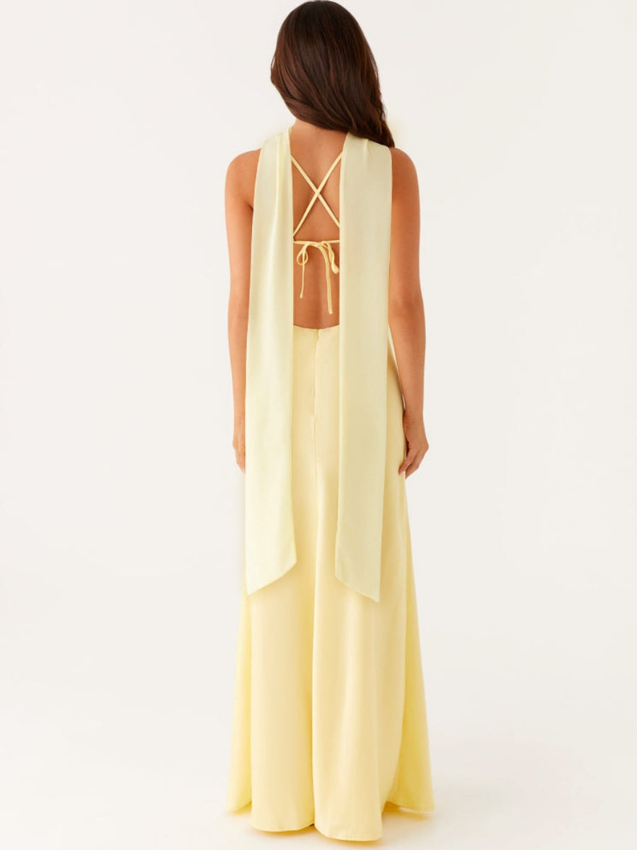 V-neck, Tie-up, Backless Satin Maxi Dress With A Resort Style