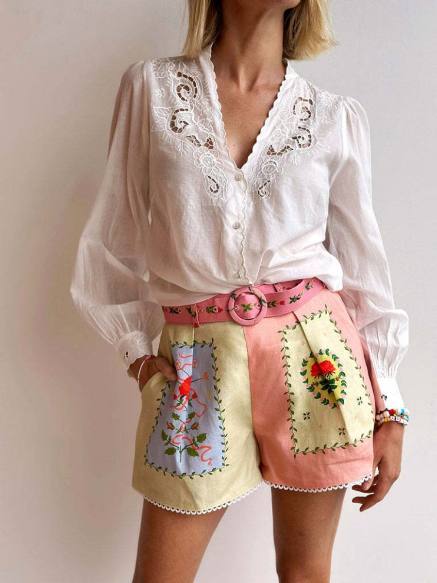Floral Print Casual And Stylish Linen Shirt And Shorts Two-piece Set