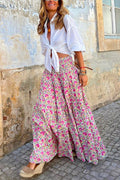 Frilled Elastic Waist Bohemia Floral Maxi Flowy Skirt