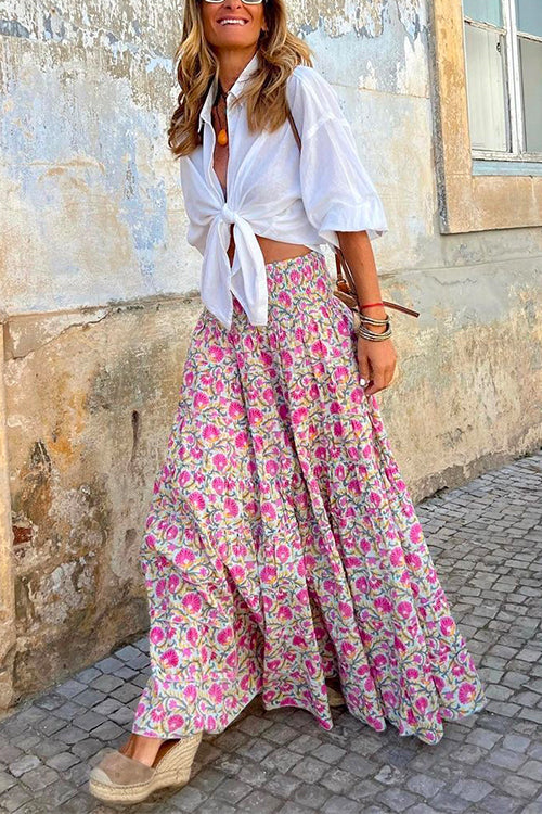 Frilled Elastic Waist Bohemia Floral Maxi Flowy Skirt