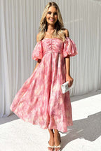 Off Shoulder Ruched Bust Puff Sleeve Floral Jacquard Midi Dress