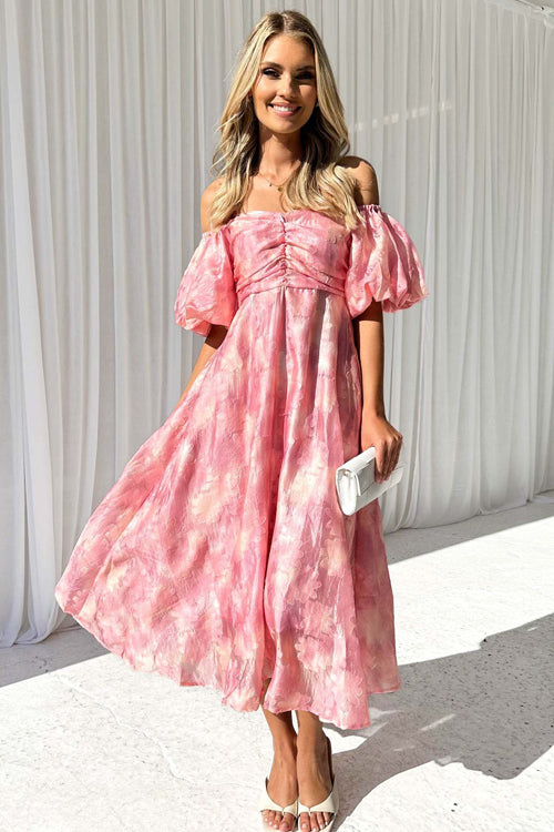 Off Shoulder Ruched Bust Puff Sleeve Floral Jacquard Midi Dress