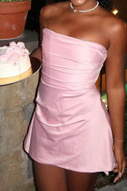 Strapless Ruched Bubble Hem Mini Dress