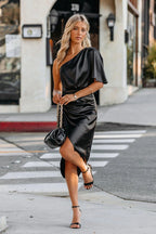One Shoulder Cape Sleeve Ruched Waist Tulip Wrap Satin Midi Dress