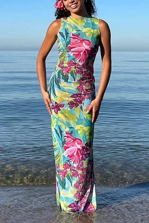 Sleeveless Back Cut Out Slit Tropical Floral Print Maxi Dress