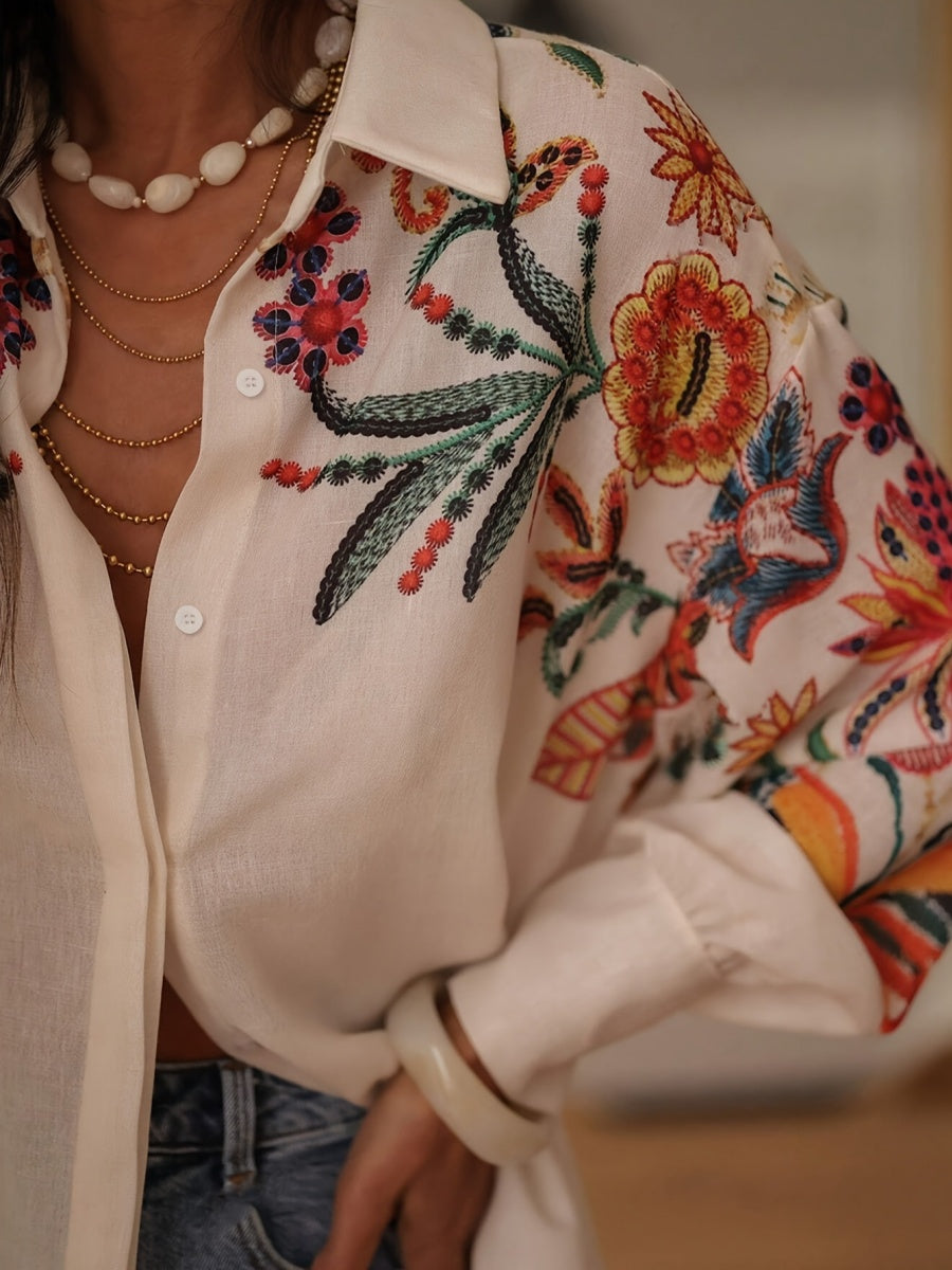 Floral Print V-Neck Long Sleeve Shirt