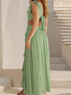 V-neck With Ruffles Backless And Waistless Hollowed-out Slit Back Strap Maxi Dresses