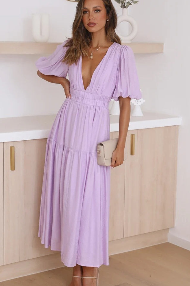 Deep V-Neck Smocked Waist Puff Sleeve Tiered Midi Dress