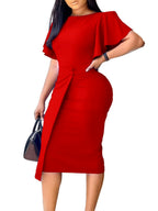 Commuting Lotus Leaf Sleeves Buttons Solid Color Mini&Short Dresses