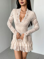 V-neck Lace Ruffle Mini&Short Dresses