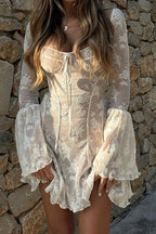 Square Neck Corset Tie Front Floral Lace Bell Sleeve Mini Dress
