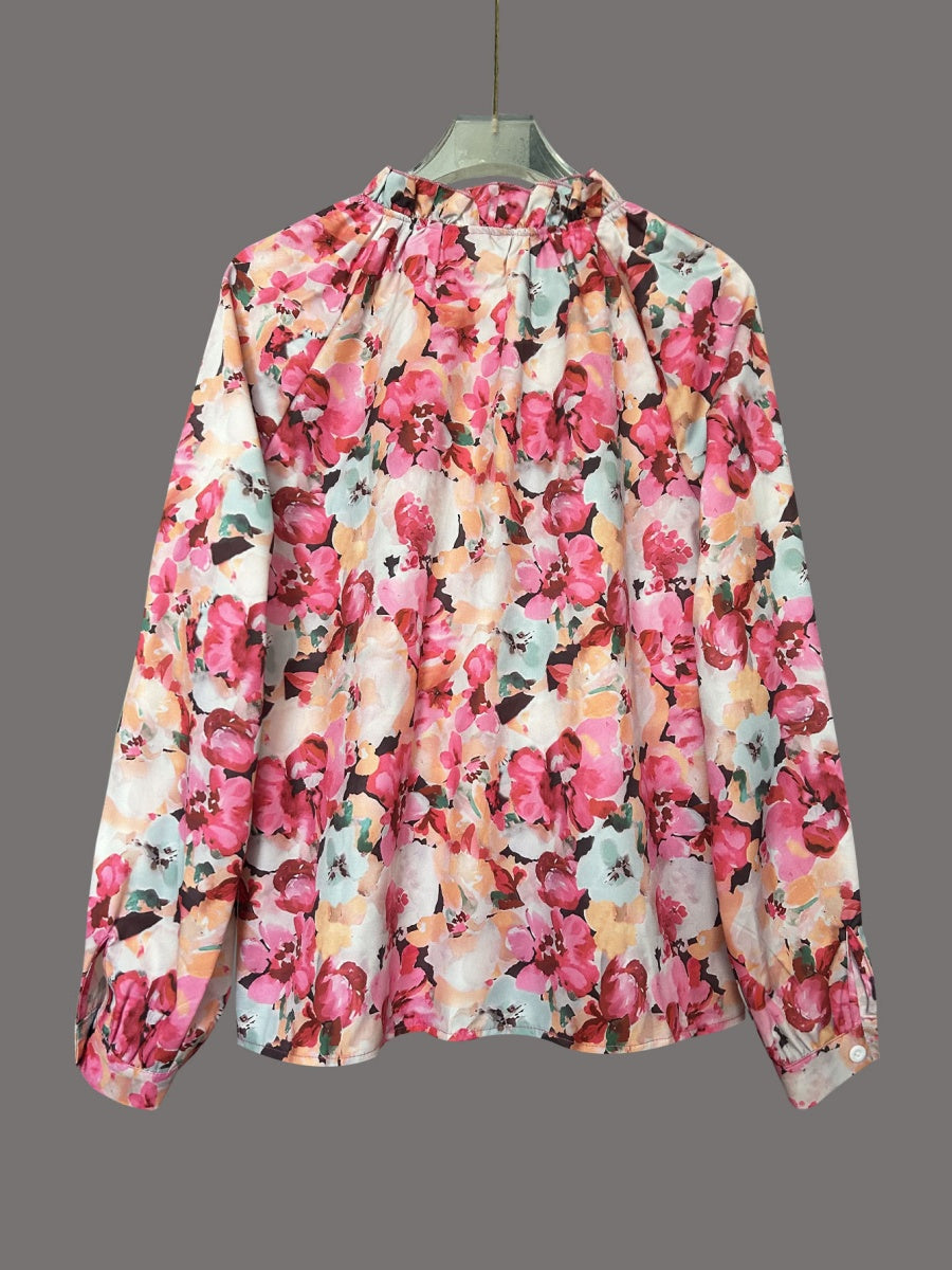 Floral Print Ruffled Round Neck Long-sleeved Shirt
