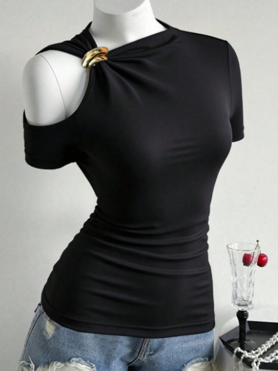 Asymmetrical Neckline, One-shoulder, Metallic Embellishment, Slim-fitting T-shirt