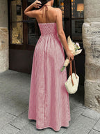 Stripes Color-blocked Splicing V-neck Hollow Maxi Dresses
