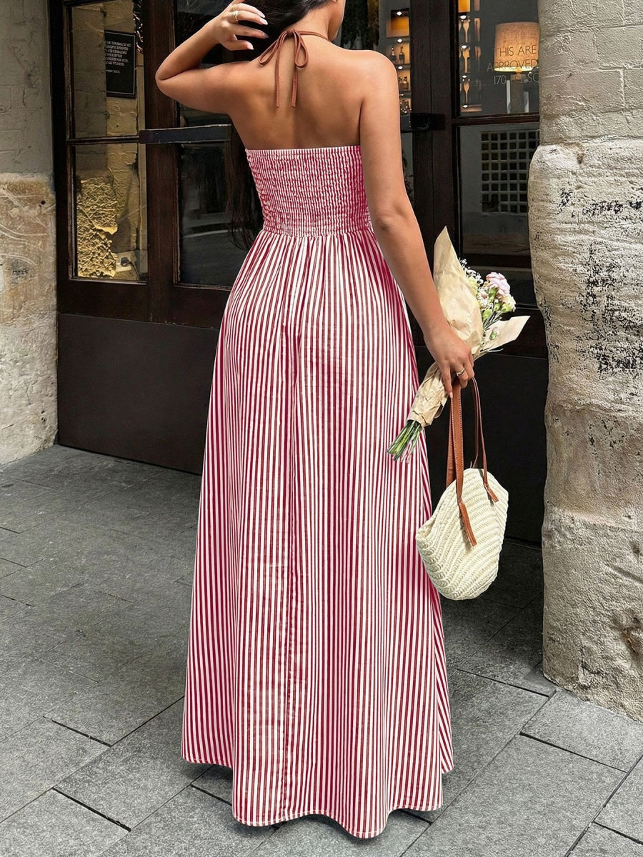 Stripes Color-blocked Splicing V-neck Hollow Maxi Dresses