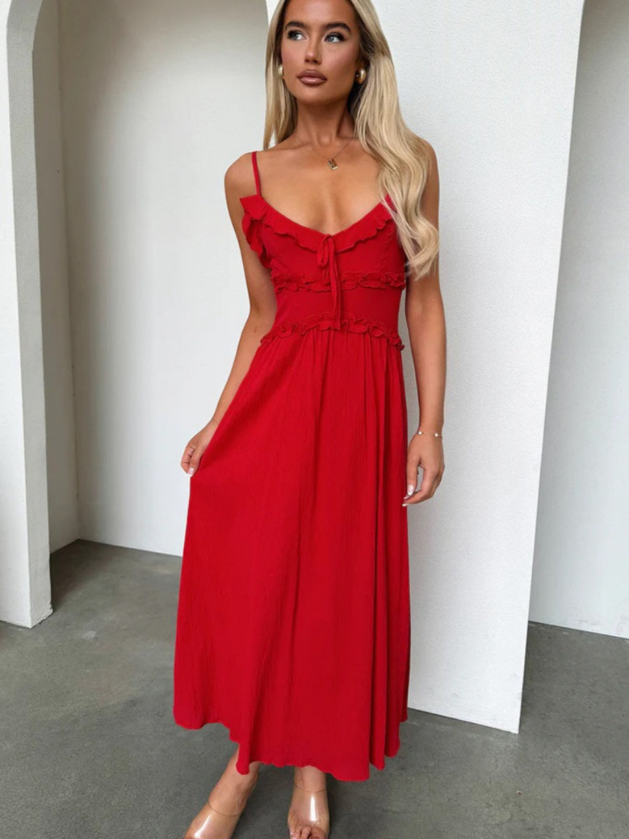 Ruffle Solid Color Camisoles Bandage Maxi Dresses