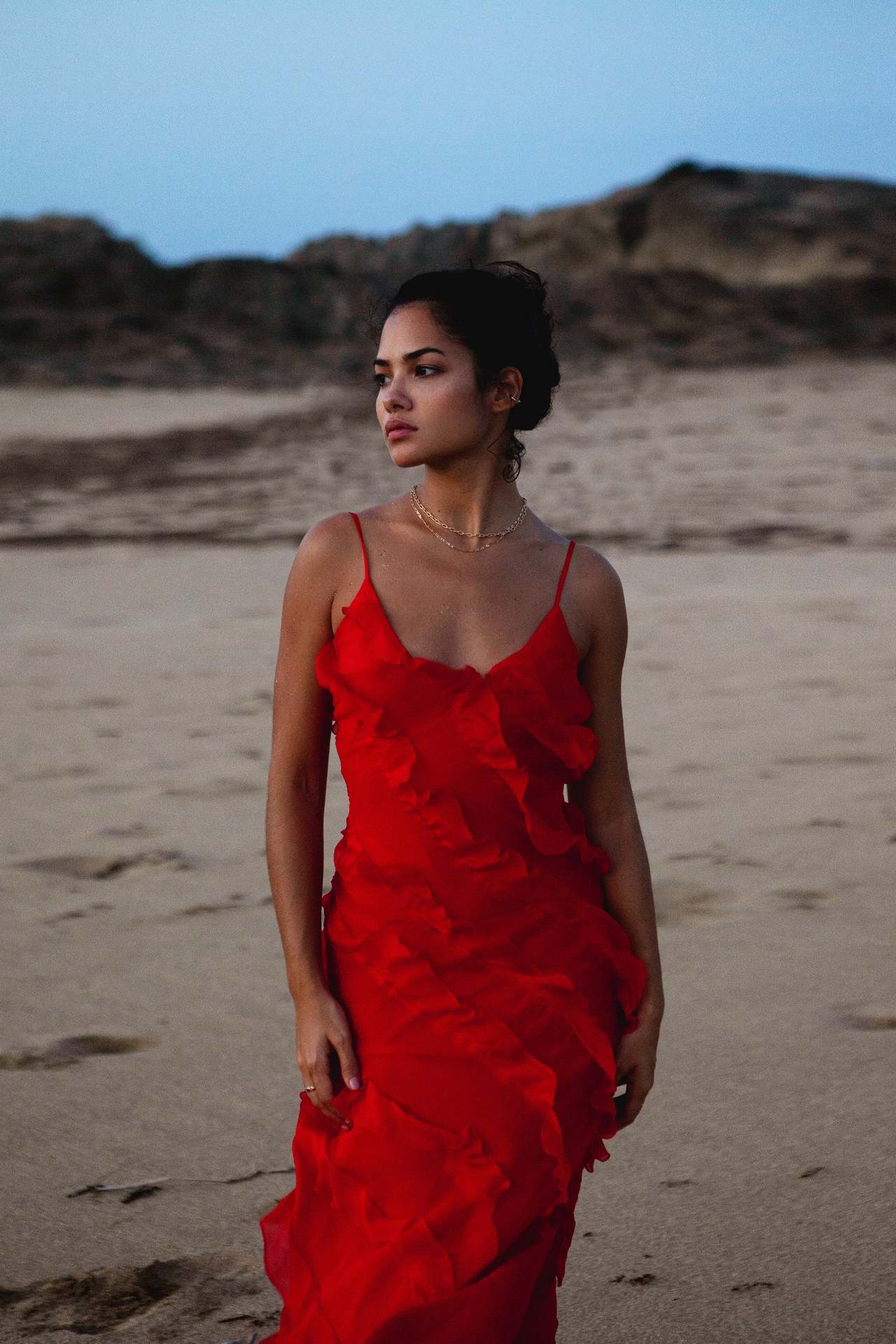 V-neck Ruffle Slit Maxi Dresses