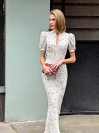 V-neck Temperament Floral Puff Sleeve Maxi Dresses