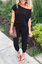 Solid Cold Shoulder Short Sleeves Elastic Waist Loungewear Jumpsuit