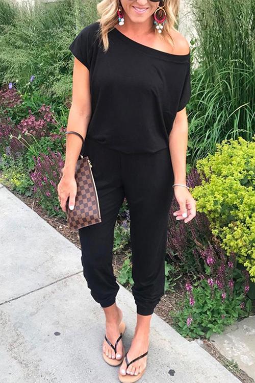 Solid Cold Shoulder Short Sleeves Elastic Waist Loungewear Jumpsuit