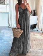 Pleated Stripe Spaghetti Strap Deep V-Neck Ruffle Trim Maxi Dress