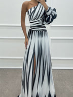 Color-blocked Printed Sloping Shoulders Slit Formal Dress Maxi Dresses