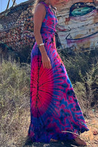 V Neck Criss Cross Backless Tie Dye Maxi A-line Dress