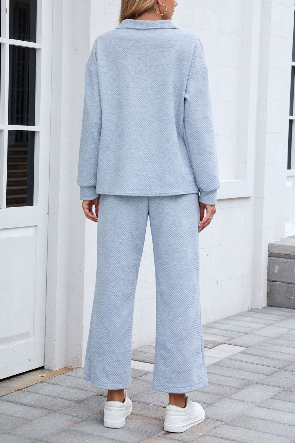 Lapel Long Sleeve Textured Sweashirt Set