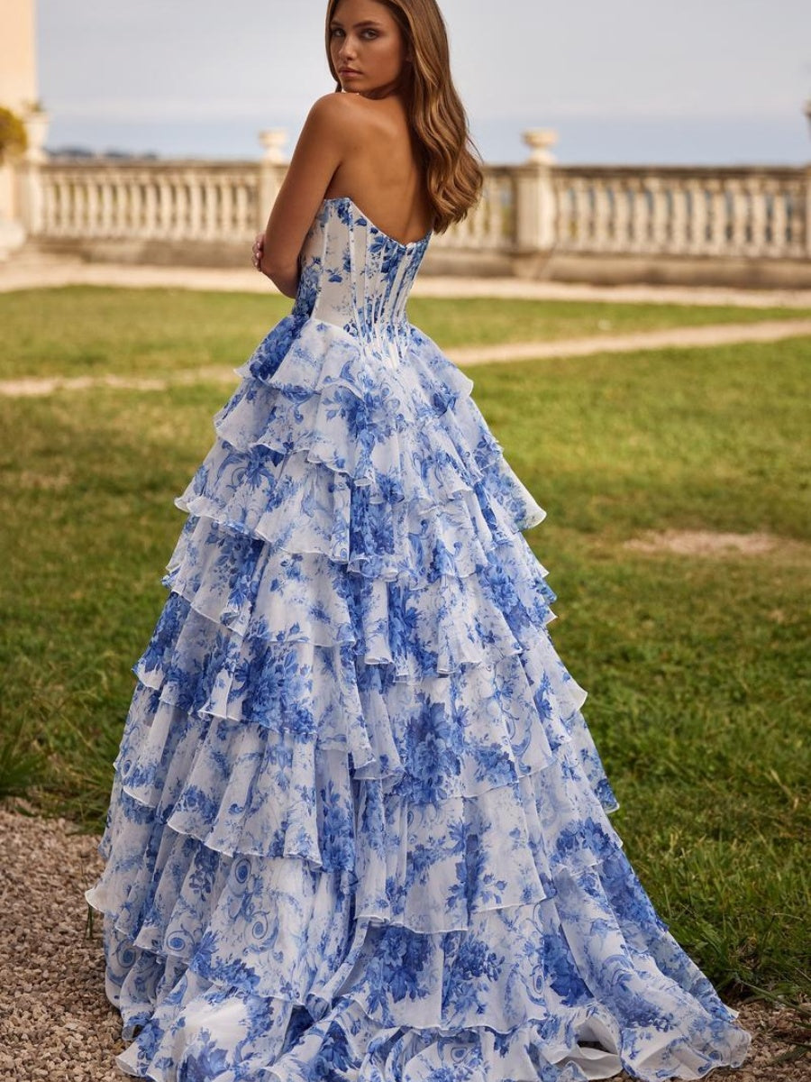 Floral Print Multi-Layer Herringbone Strapless Long Dress