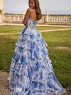 Floral Print Multi-Layer Herringbone Strapless Long Dress