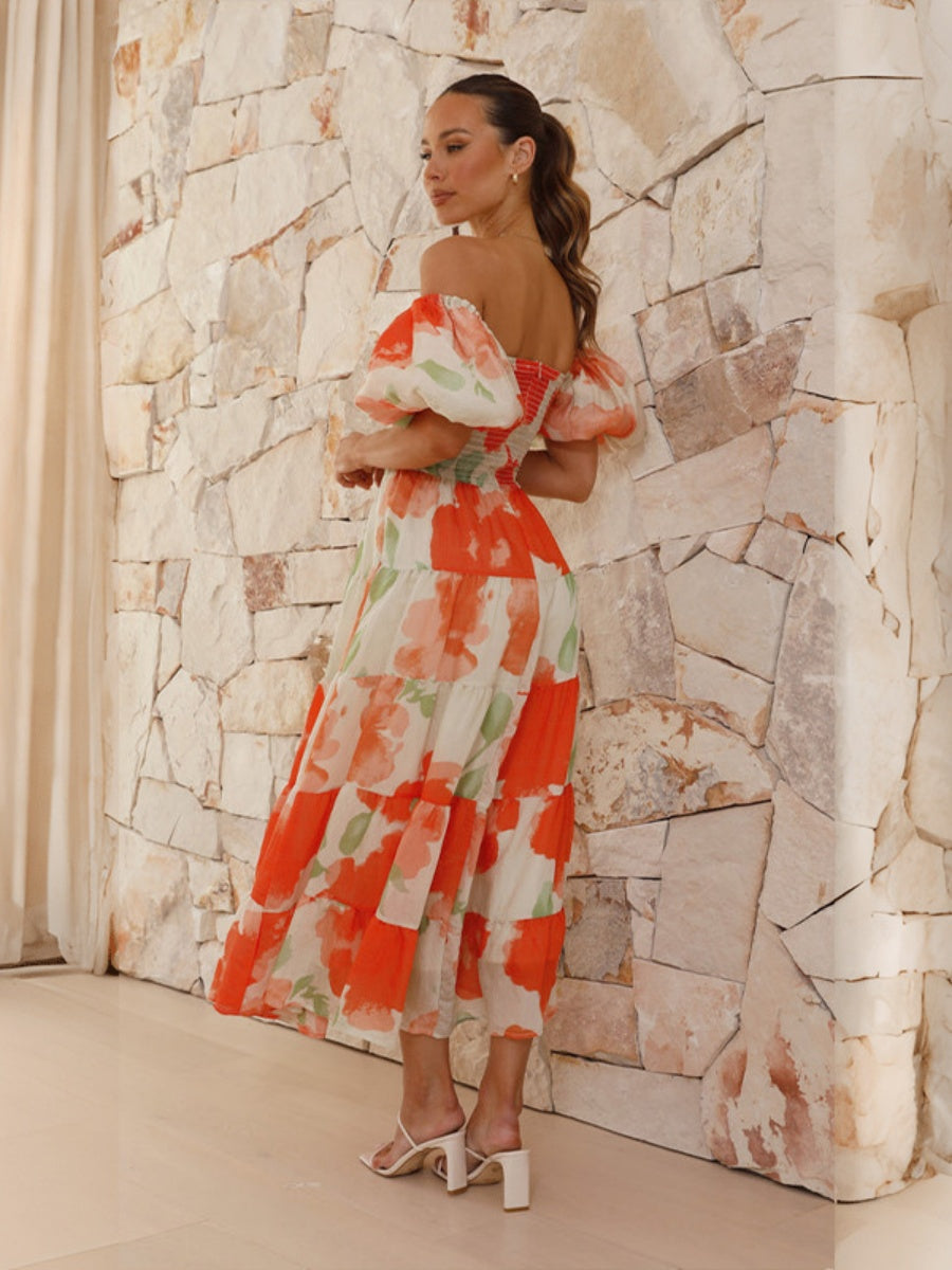 Printed Puff Sleeve Sweetheart Collar Vacation Maxi Dresses