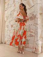 Printed Puff Sleeve Sweetheart Collar Vacation Maxi Dresses