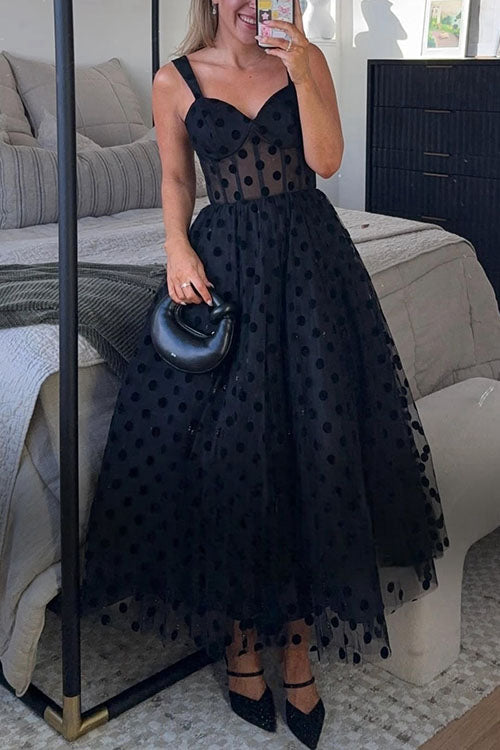 V Neck Polka Dot Mesh A-line Midi Cami Dress