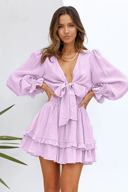 Tie Front Puff Sleeve Smocked Waist Tiered Ruffle Mini Set
