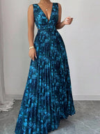 Sexy Deep V-neck Sleeveless Floral Print Maxi Dress With Slit Hem And Pleats
